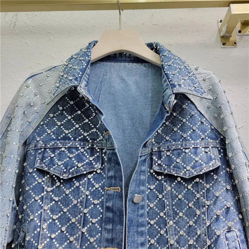 Pre Order:  Patchwork Hot Drilling Diamond Retro Washed Denim Jacket