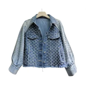 Pre Order:  Patchwork Hot Drilling Diamond Retro Washed Denim Jacket