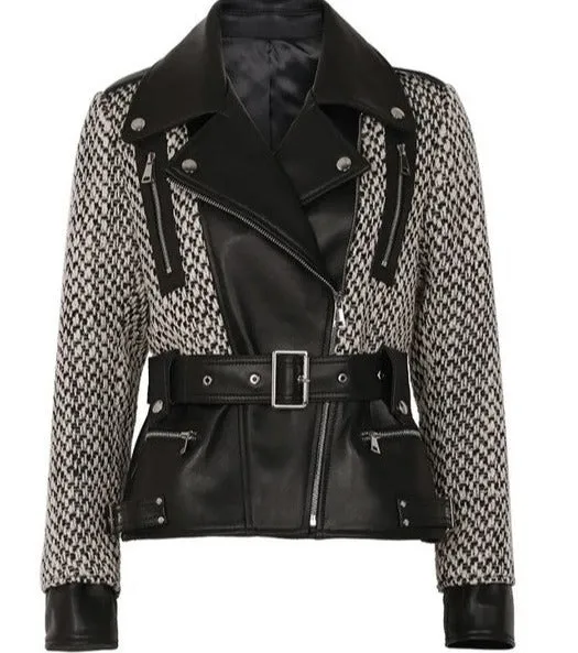 Real Leather and Tweed Belted Jacket