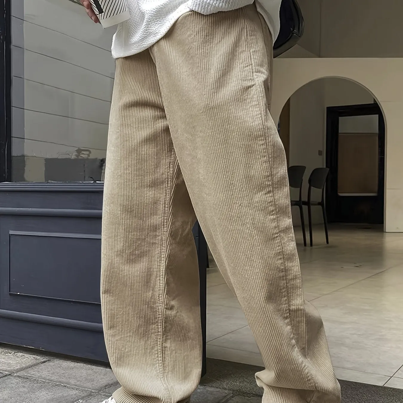 Relaxed Fit Corduroy Straight Leg Pants - Breathable, Versatile, and Chic for Weekend Casual Occasions - Drawstring Waist, Non-Stretch Polyester, Mid Waist, and Loose Contour for Ultimate Comfort