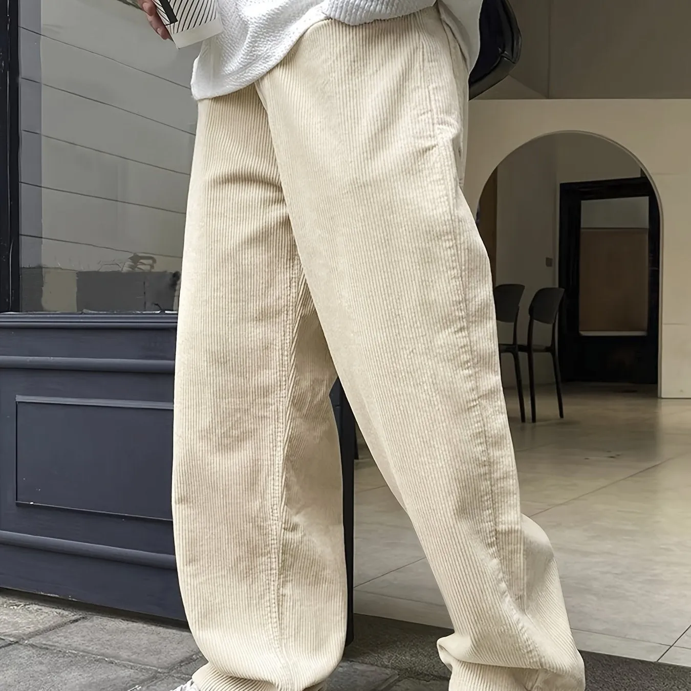 Relaxed Fit Corduroy Straight Leg Pants - Breathable, Versatile, and Chic for Weekend Casual Occasions - Drawstring Waist, Non-Stretch Polyester, Mid Waist, and Loose Contour for Ultimate Comfort