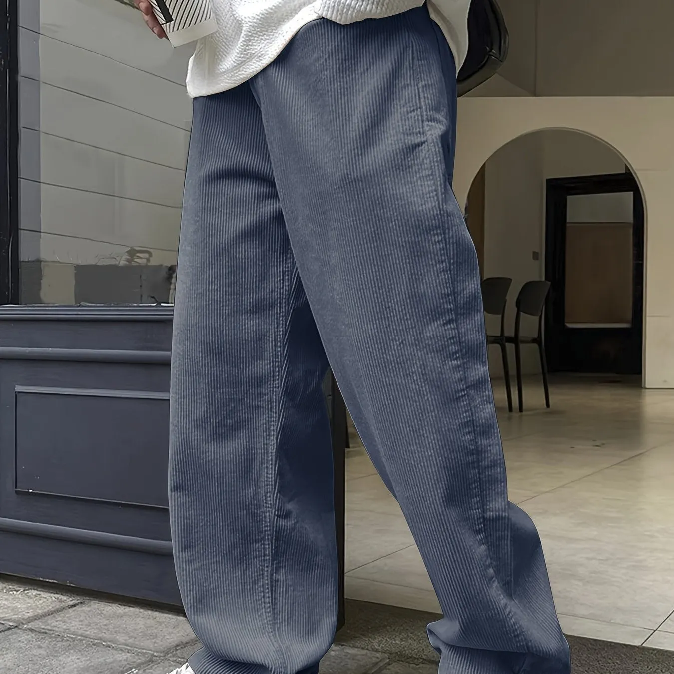 Relaxed Fit Corduroy Straight Leg Pants - Breathable, Versatile, and Chic for Weekend Casual Occasions - Drawstring Waist, Non-Stretch Polyester, Mid Waist, and Loose Contour for Ultimate Comfort