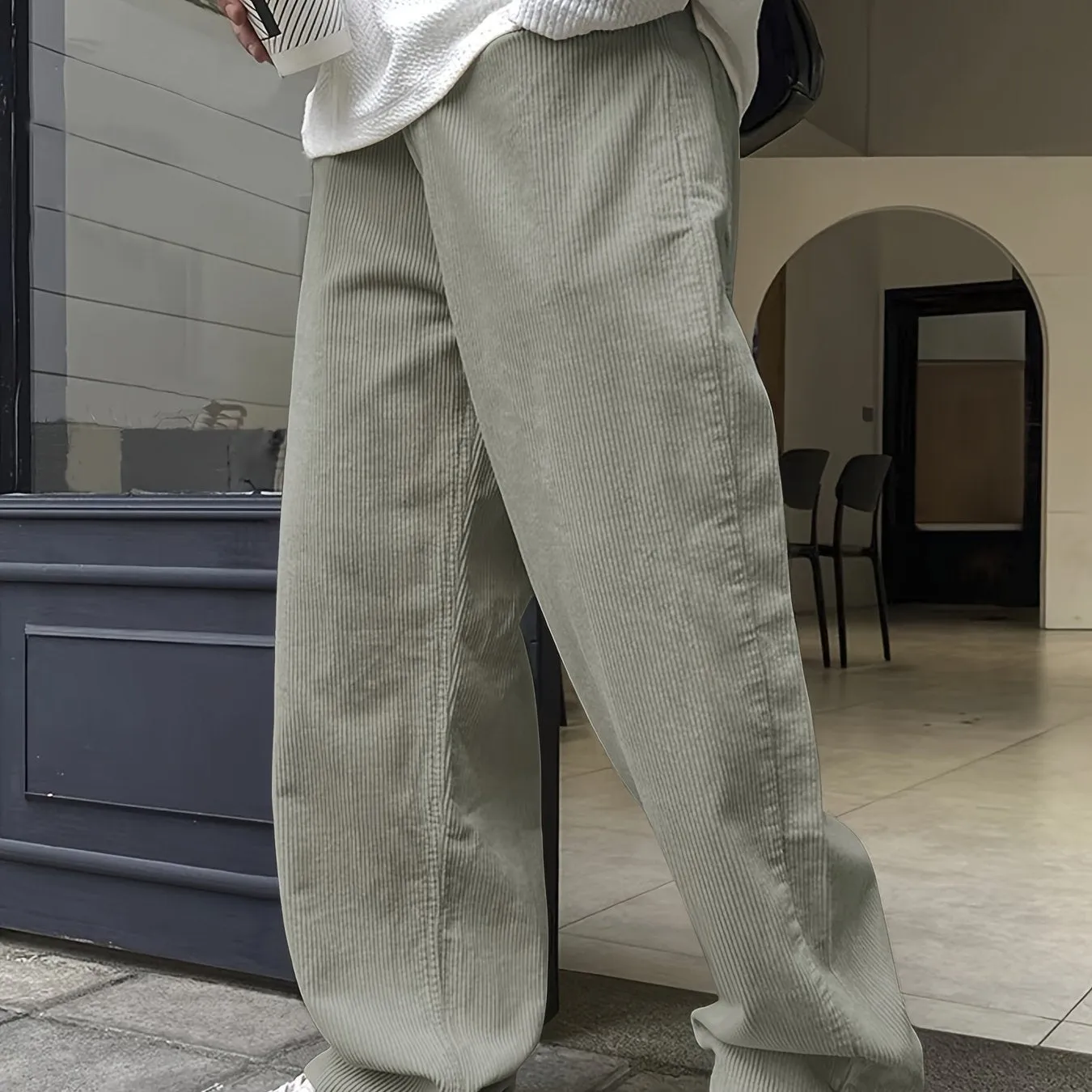 Relaxed Fit Corduroy Straight Leg Pants - Breathable, Versatile, and Chic for Weekend Casual Occasions - Drawstring Waist, Non-Stretch Polyester, Mid Waist, and Loose Contour for Ultimate Comfort