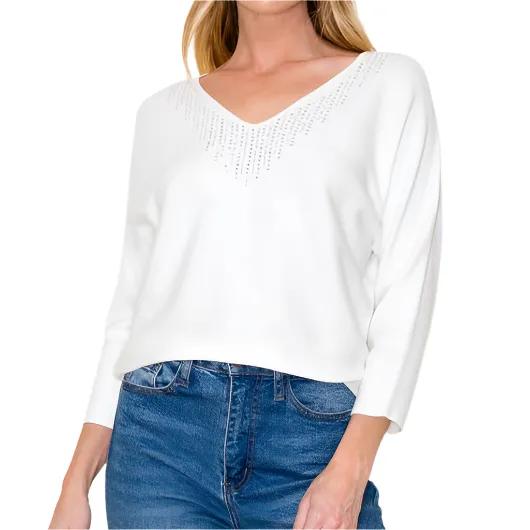 Rhine Stone V-Neck Dolman Sleeve Sweater