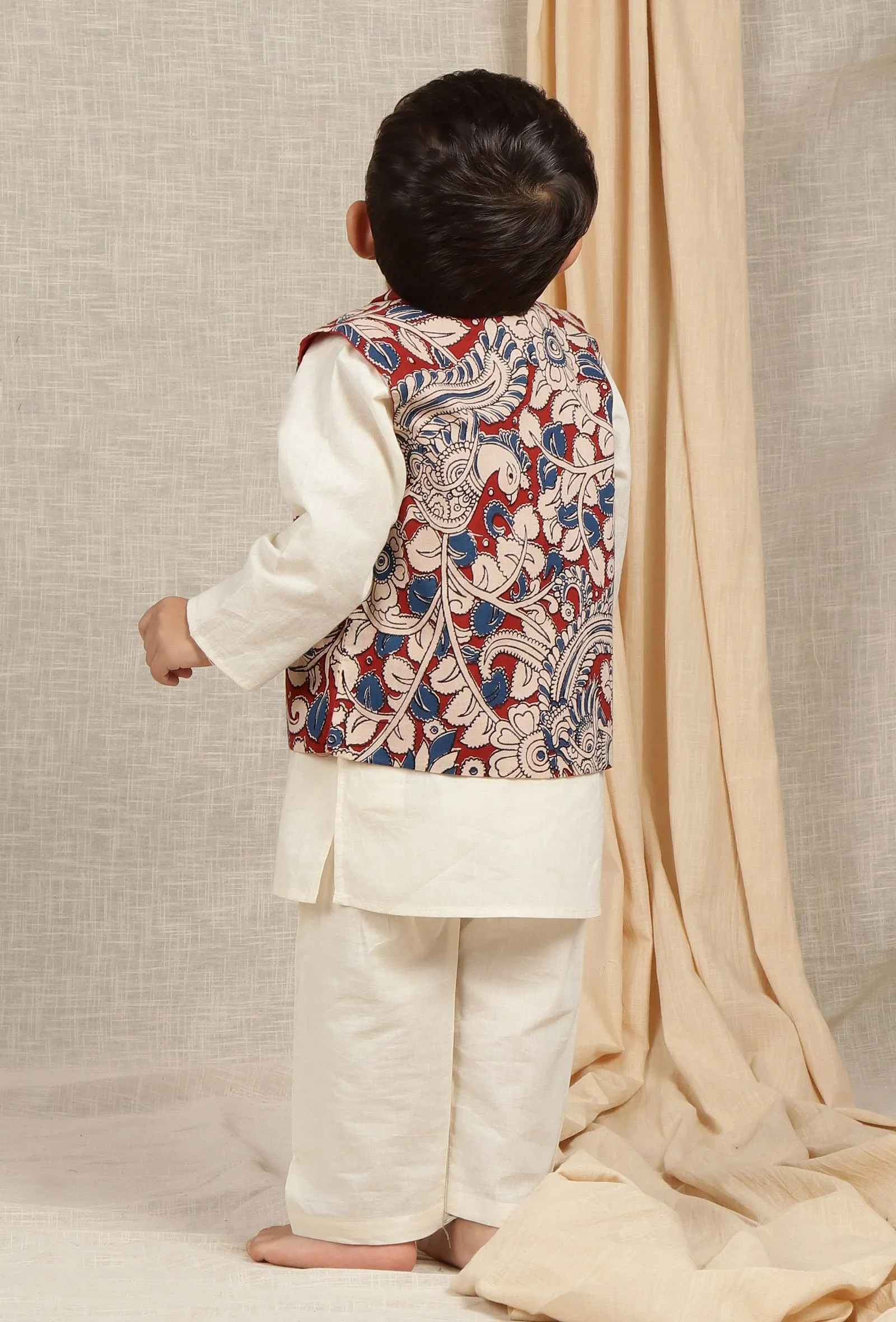 Set Of 3: Angad Off-white Cotton Kurta, Pyjama & Beige Cream Kalamkari Nehru Jacket