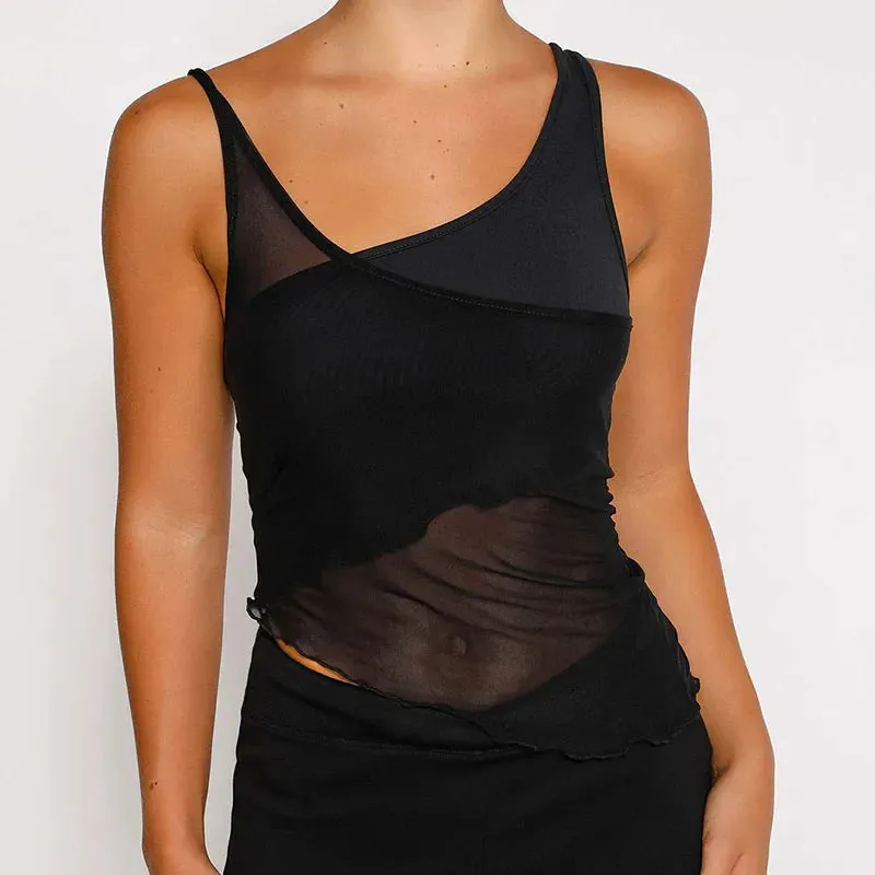 Sheer Mesh Patchwork Tank Top with Exposed Navel - Black Mini Vest for Women