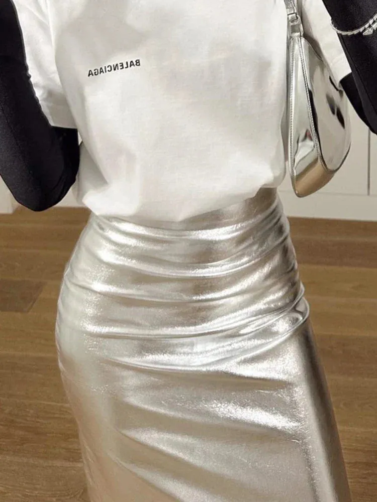 Silver High Y2K Solid Slim Waist Elegant Slit Long Bodycon Skirt