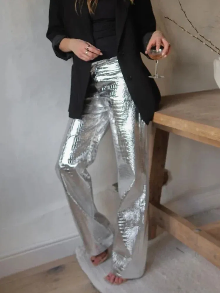 Silver Winter PU High Fashion Party Straight Loose Y2k Autumn Waist Pants