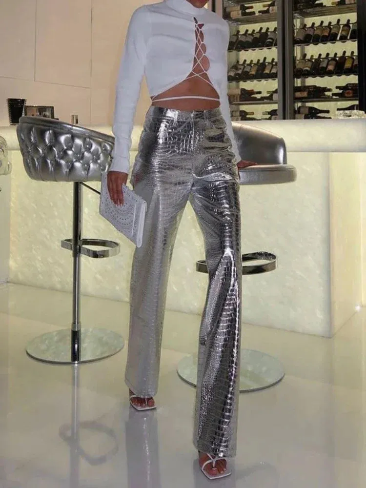 Silver Winter PU High Fashion Party Straight Loose Y2k Autumn Waist Pants