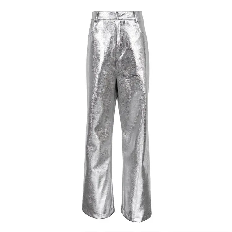 Silver Winter PU High Fashion Party Straight Loose Y2k Autumn Waist Pants