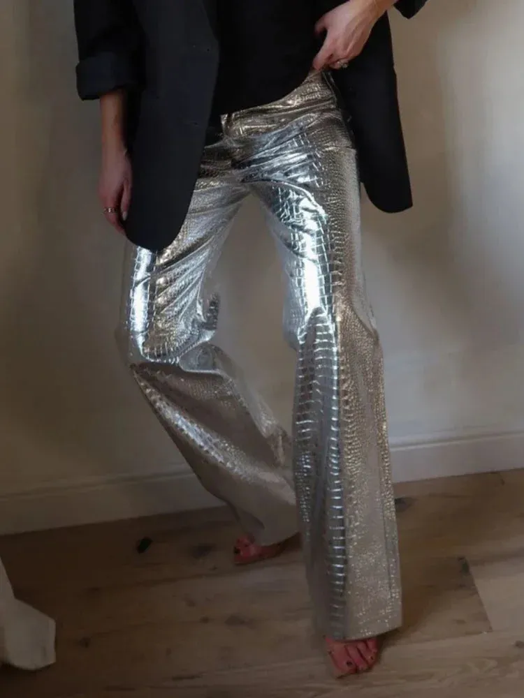 Silver Winter PU High Fashion Party Straight Loose Y2k Autumn Waist Pants