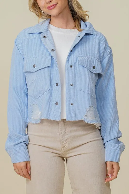 Sky Blue Zoey Distressed Corduroy Distressed Jacket