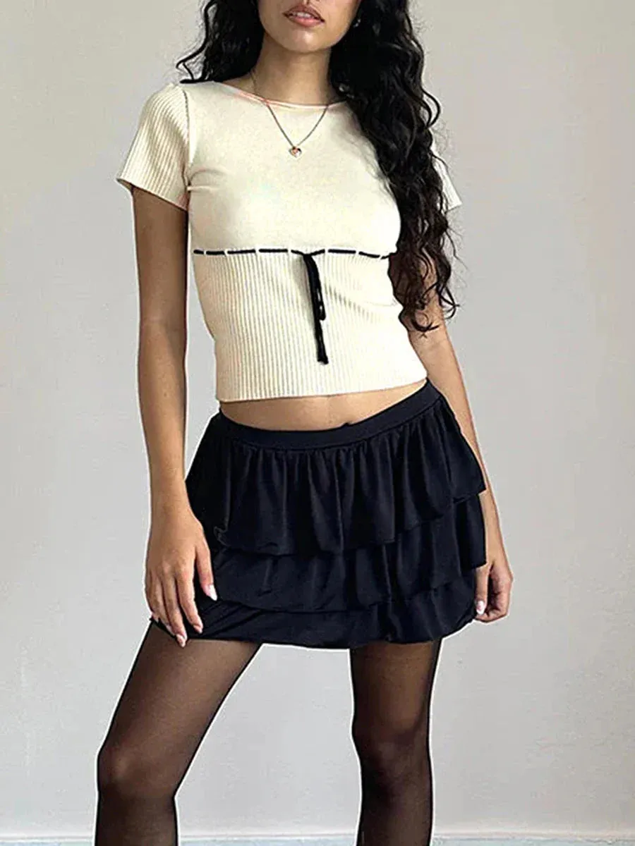 Sleeve Ribbed Knit Cute Crew Neck Belted Tee Streetwear Crop Short Top