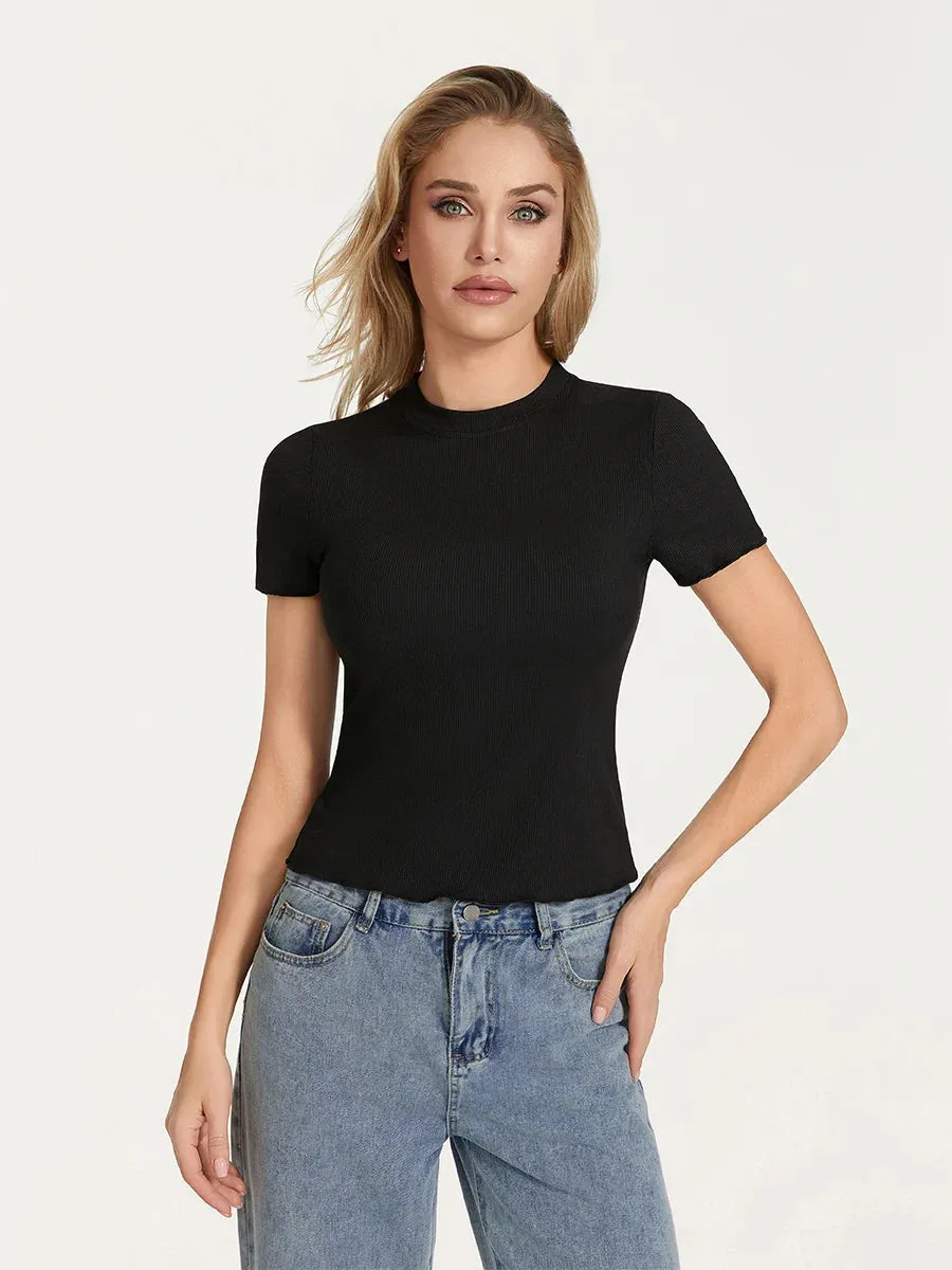 Slim Fitted Short Sleeve Crew Neck Tight Tee Lettuce Trim Going Out Crop Ribbed Top