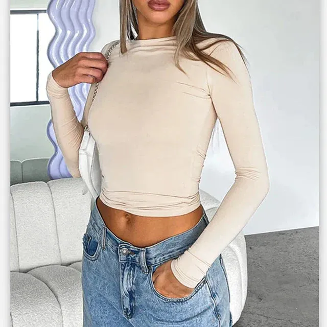 Slim Long O-Neck Sexy Solid Pullovers Streetwear Basic Y2K T-shirt