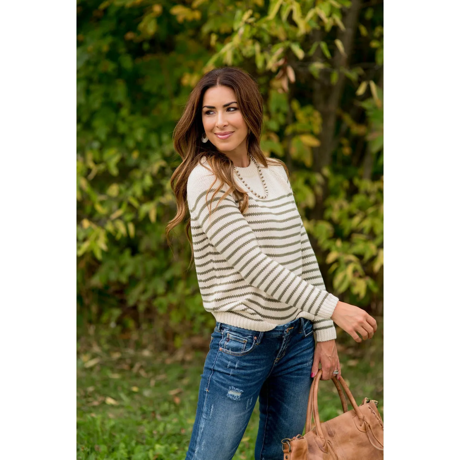 Solid Neckline Striped Knit Sweater