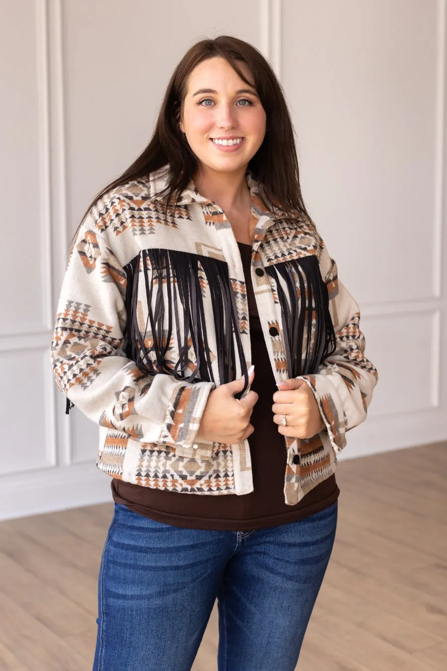 Southern Grace Boho Breeze Aztec Jacket with Fringe