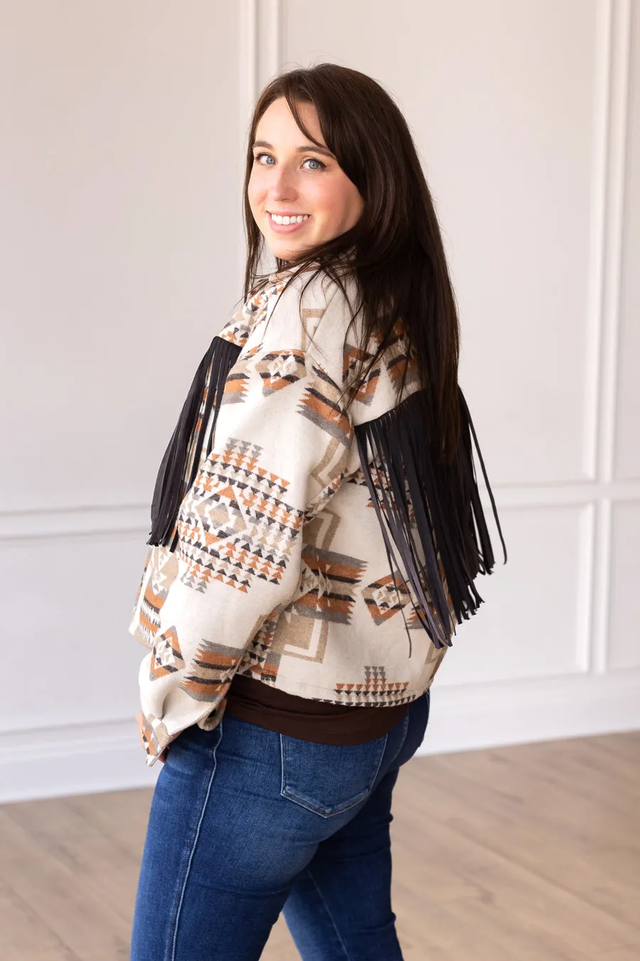 Southern Grace Boho Breeze Aztec Jacket with Fringe