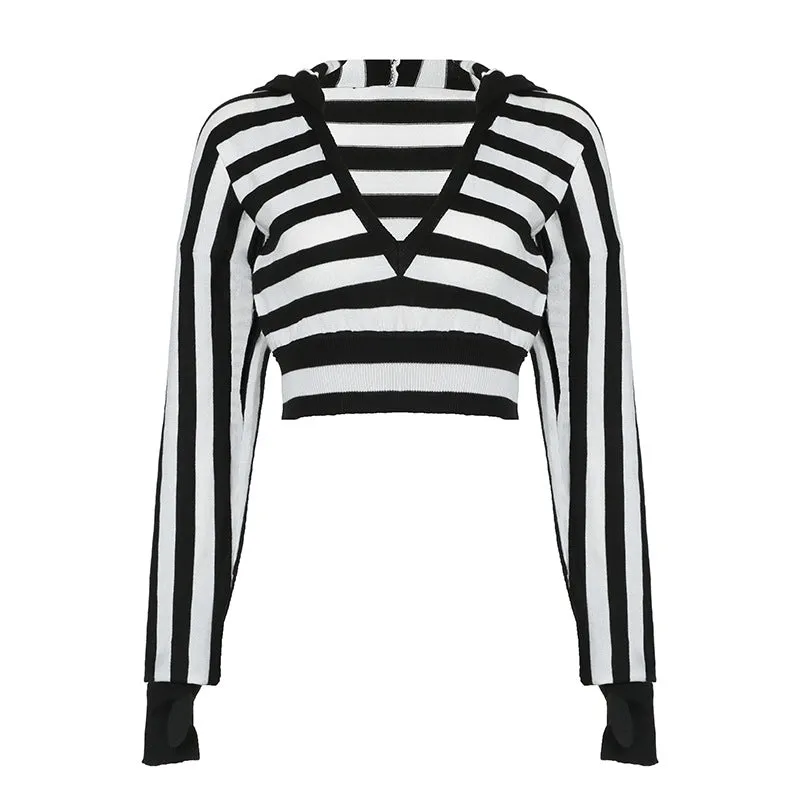 Street Hooded V Collar Contrast Color Striped Shorts Sweater Sexy Sexy Cropped Slimming Long Sleeves