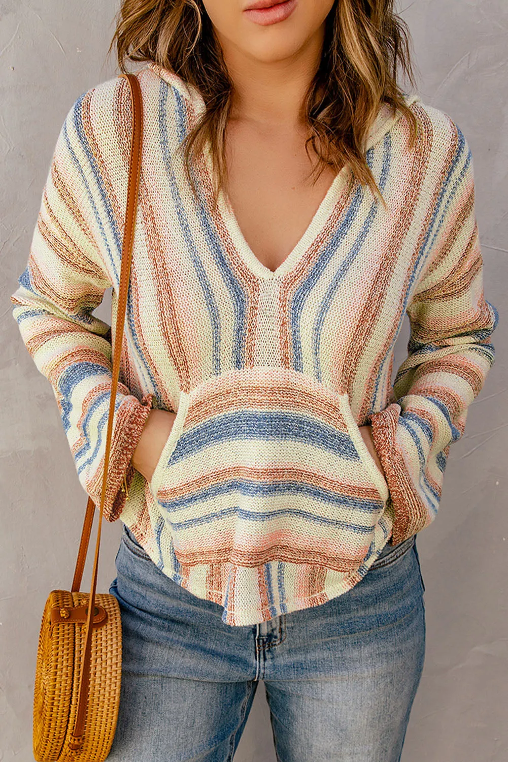 Striped Hooded Sweater with Kangaroo Pocket