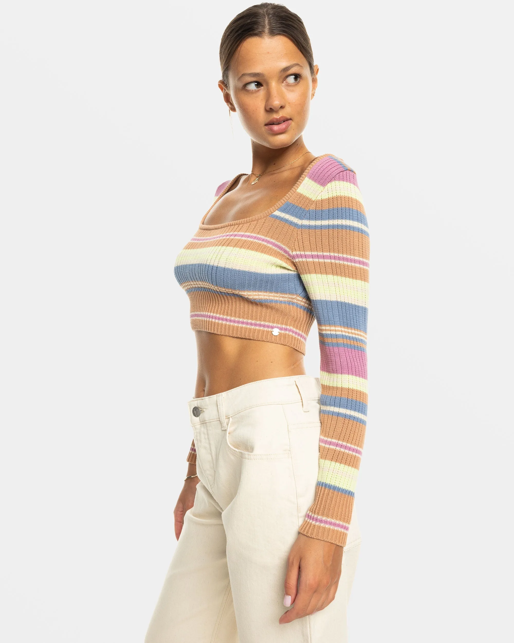 Sunshine Day Cropped Sweater Top - Camel Swithbackstripe Sweaters