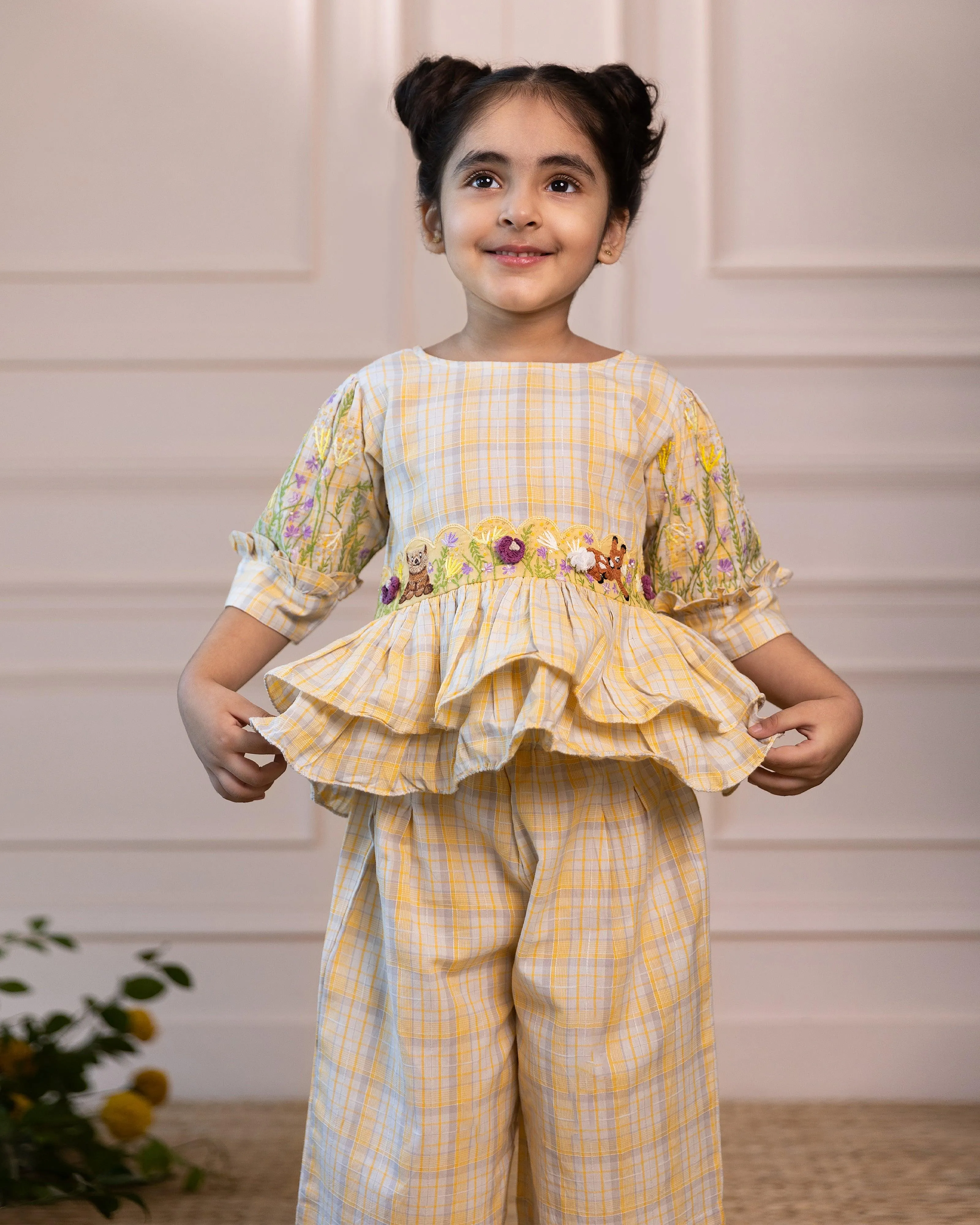 Sunshine Meadow: Girls’ Checkered Peplum Top and Pants Set