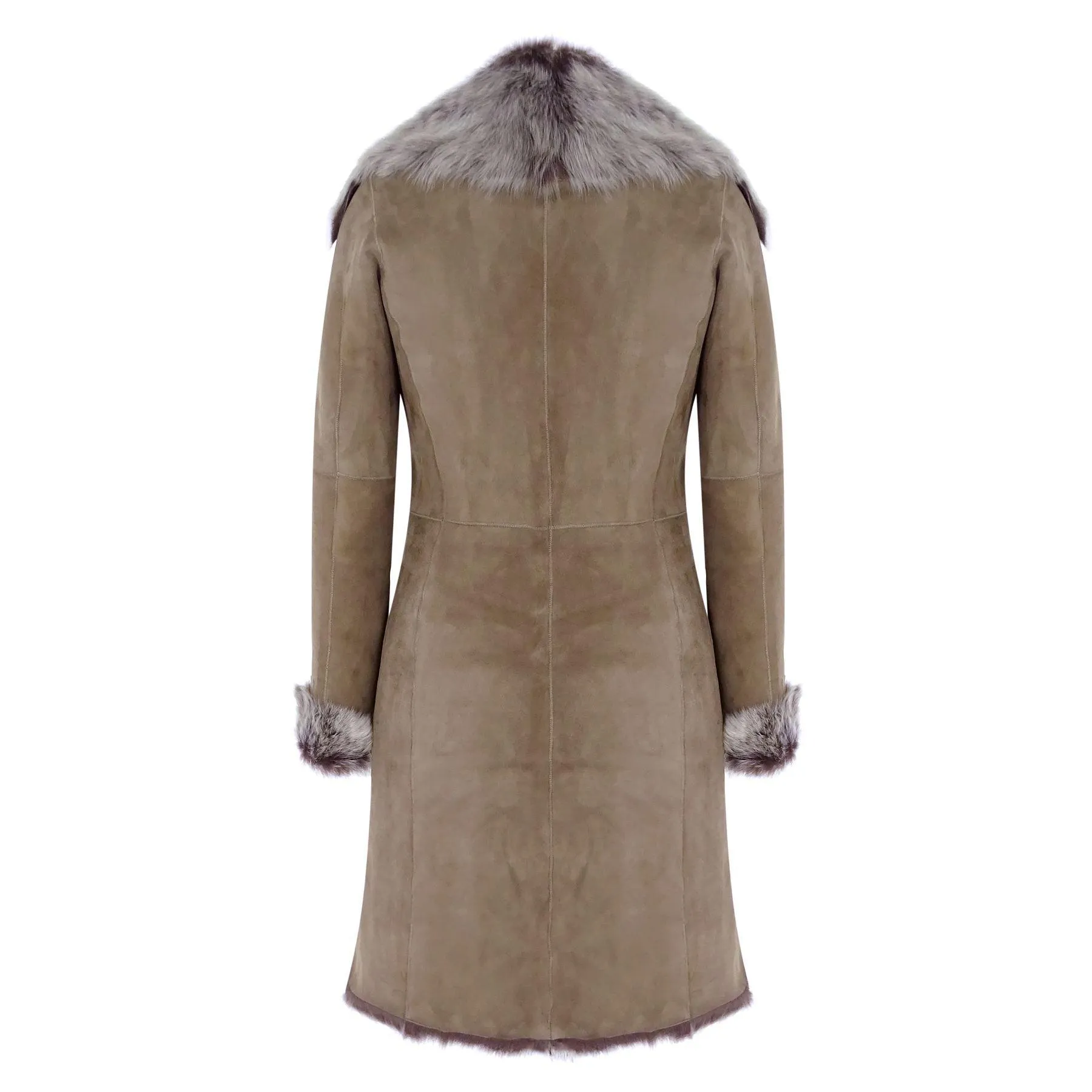 Taupe 3/4 Length Ladies Suede Real Toscana Sheepskin Coat Tailored Fit