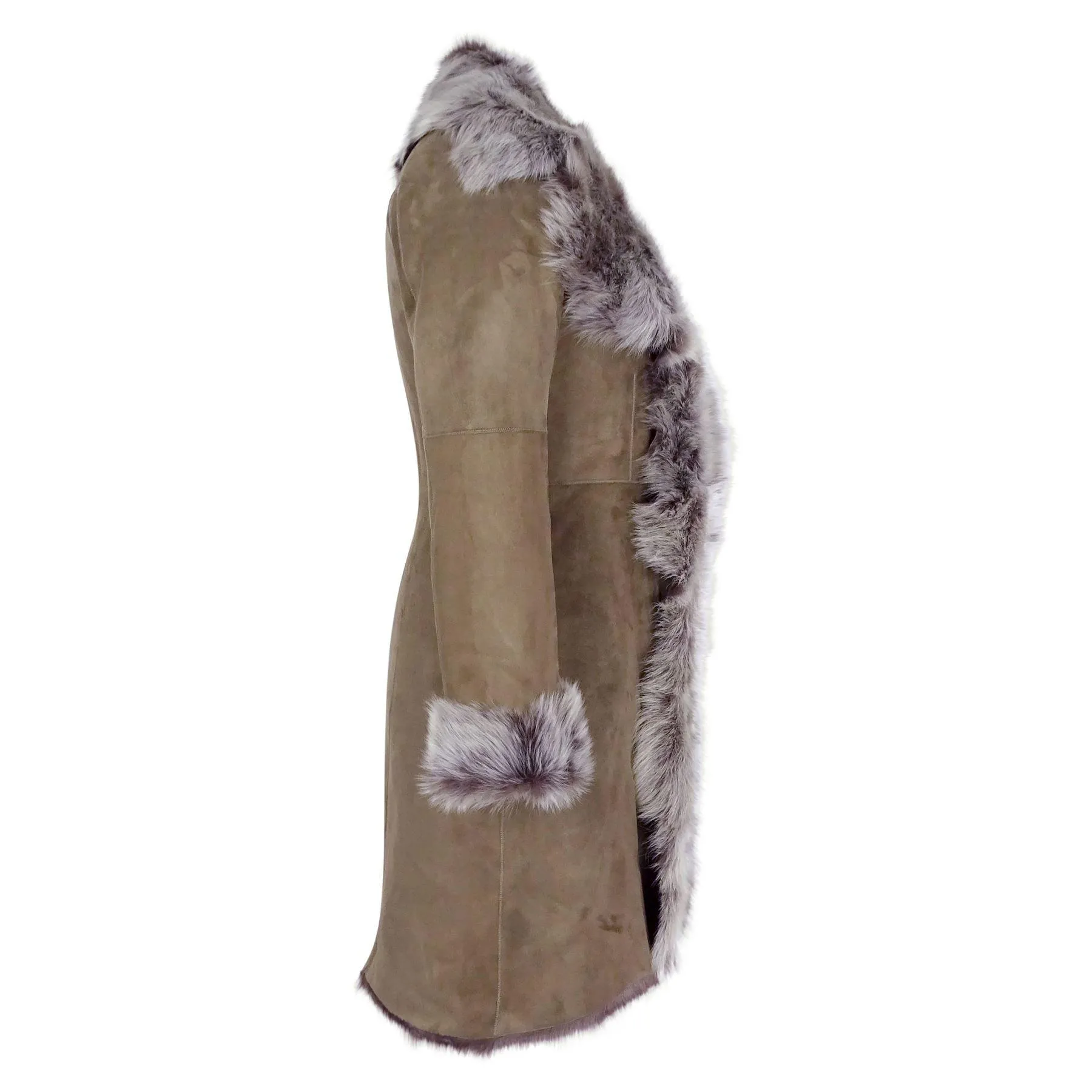 Taupe 3/4 Length Ladies Suede Real Toscana Sheepskin Coat Tailored Fit