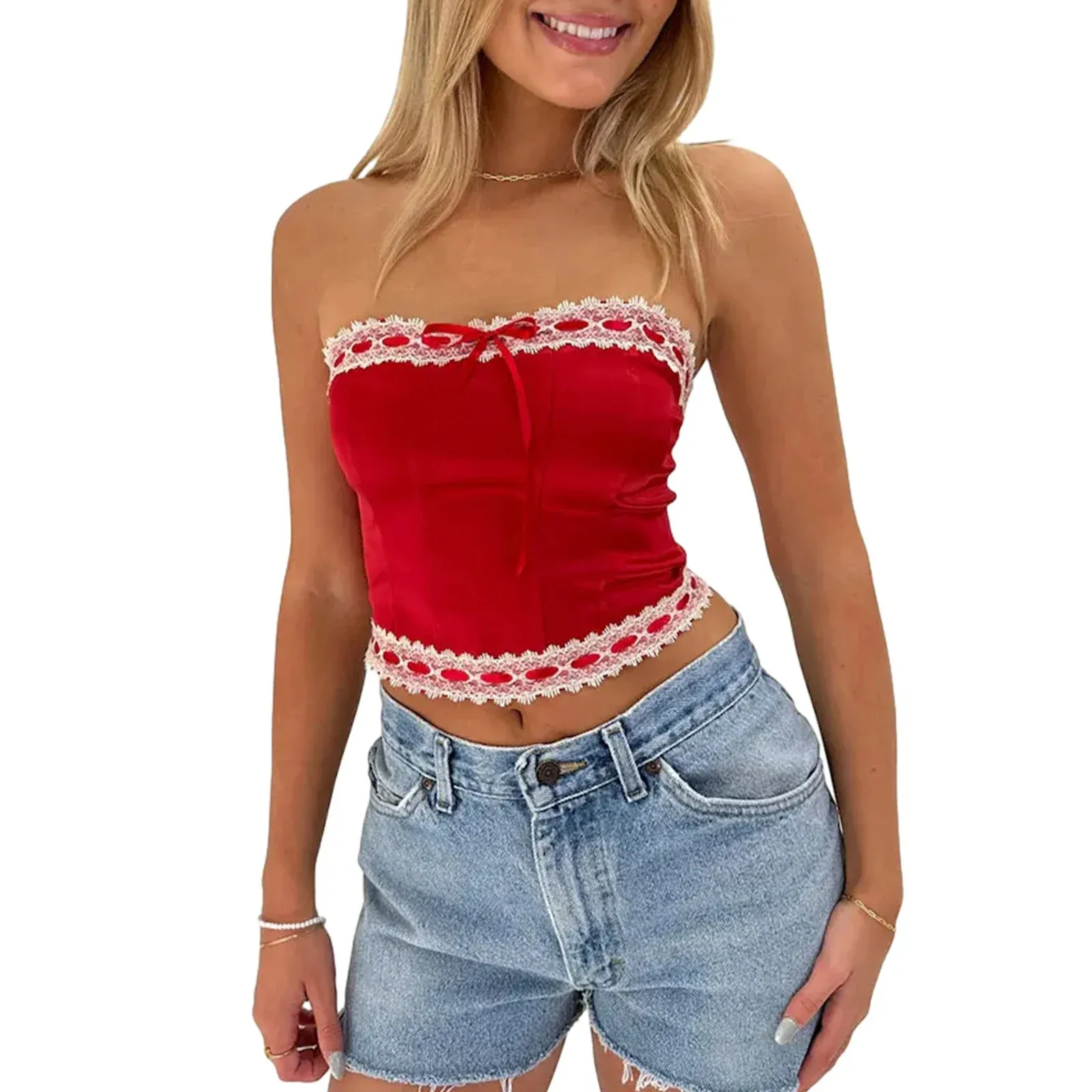 Trim Tube Strapless Cute Off Shoulder Bandeau Crop Lace Top