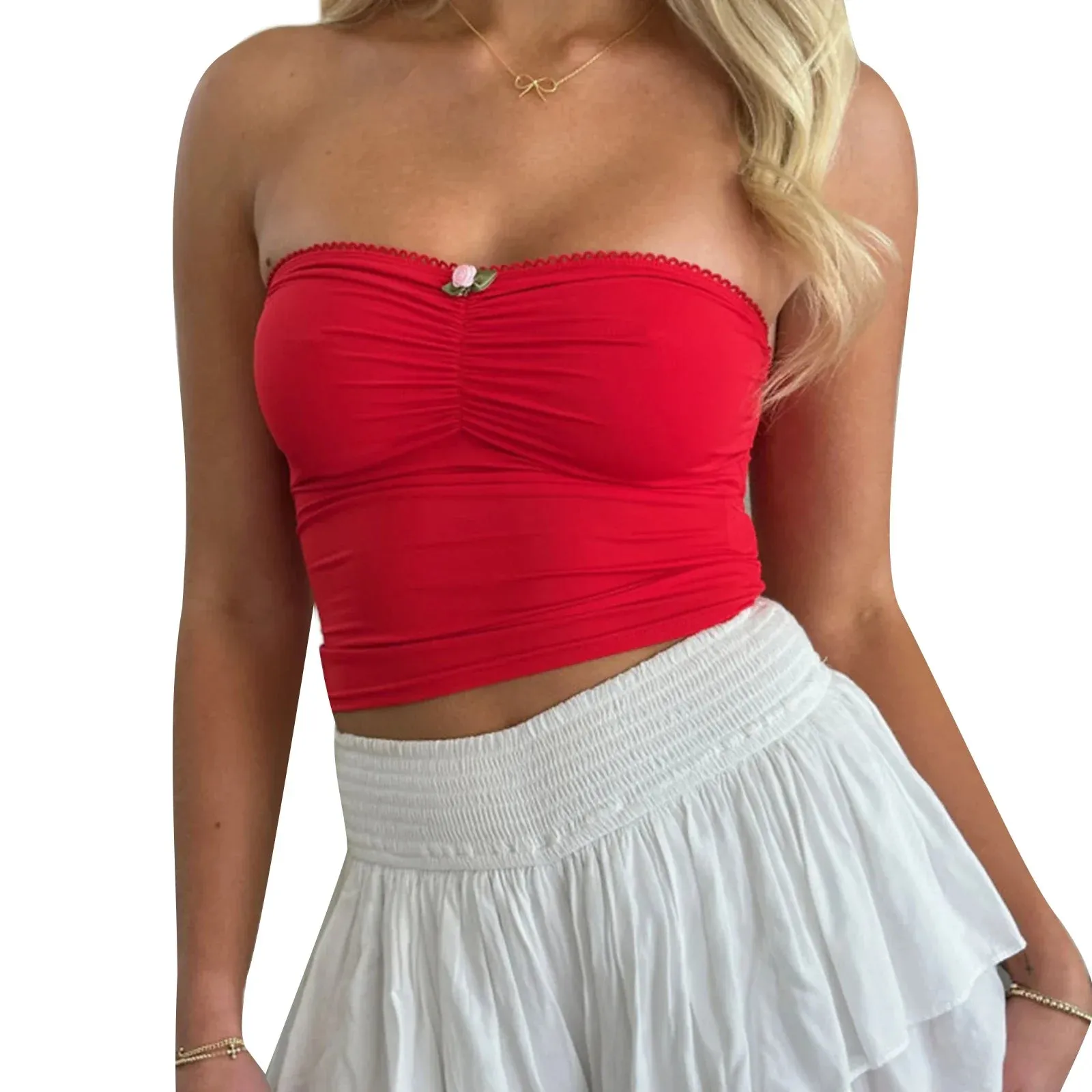 Tube Solid Color Bandeau Mini Rosette Ruched Summer Crop Slim Top