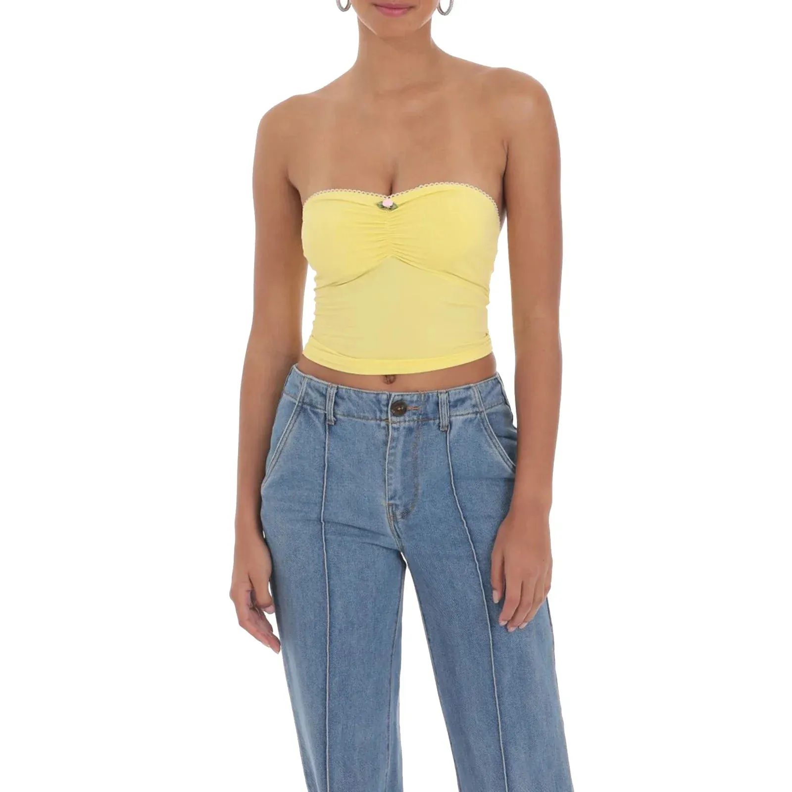 Tube Solid Color Bandeau Mini Rosette Ruched Summer Crop Slim Top