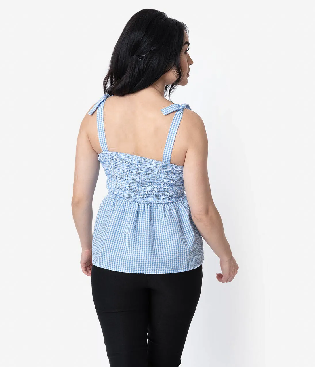 Unique Vintage Blue & White Gingham Seersucker Bitsy Peplum Top