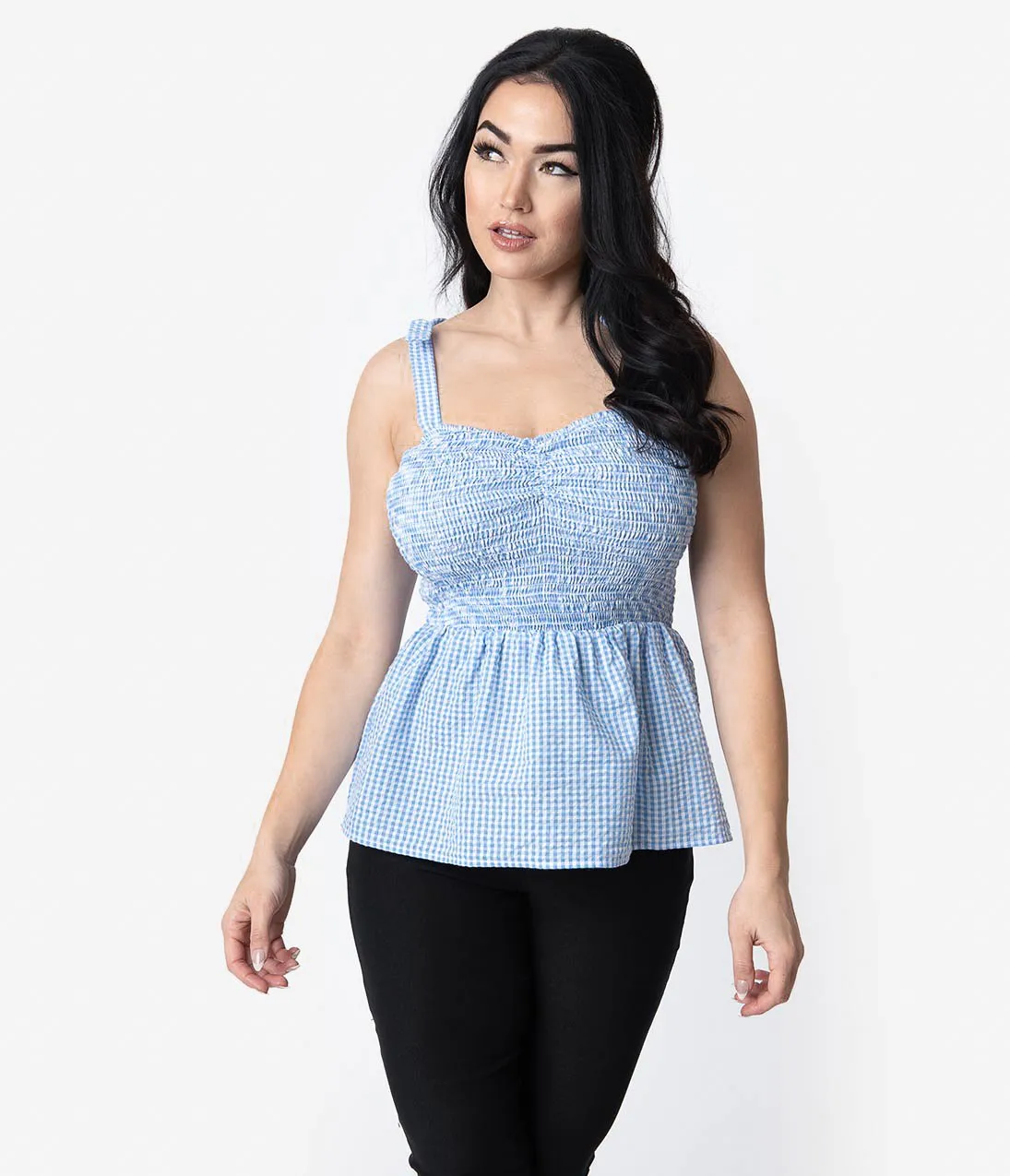 Unique Vintage Blue & White Gingham Seersucker Bitsy Peplum Top