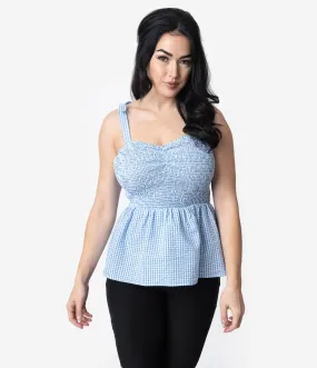 Unique Vintage Blue & White Gingham Seersucker Bitsy Peplum Top