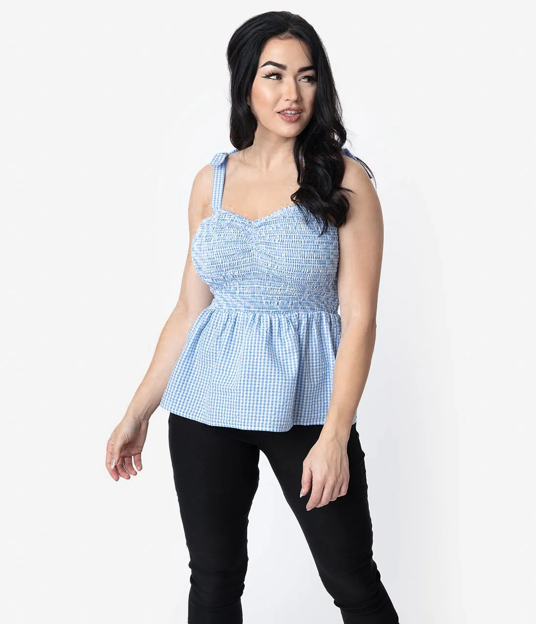 Unique Vintage Blue & White Gingham Seersucker Bitsy Peplum Top