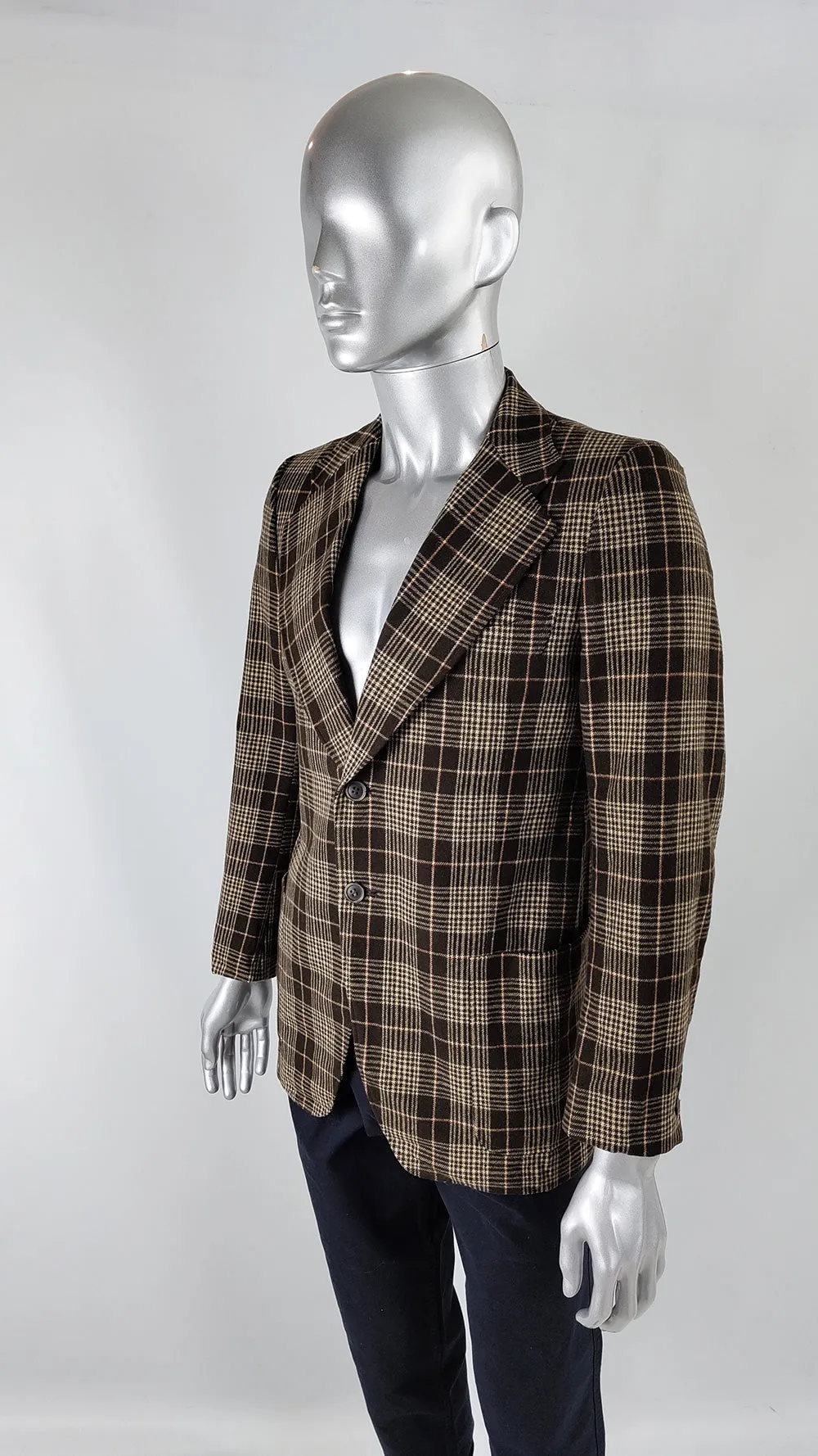 Vintage Mens Brown Checked Wool Fully Canvassed Blazer Jacket, 1970s