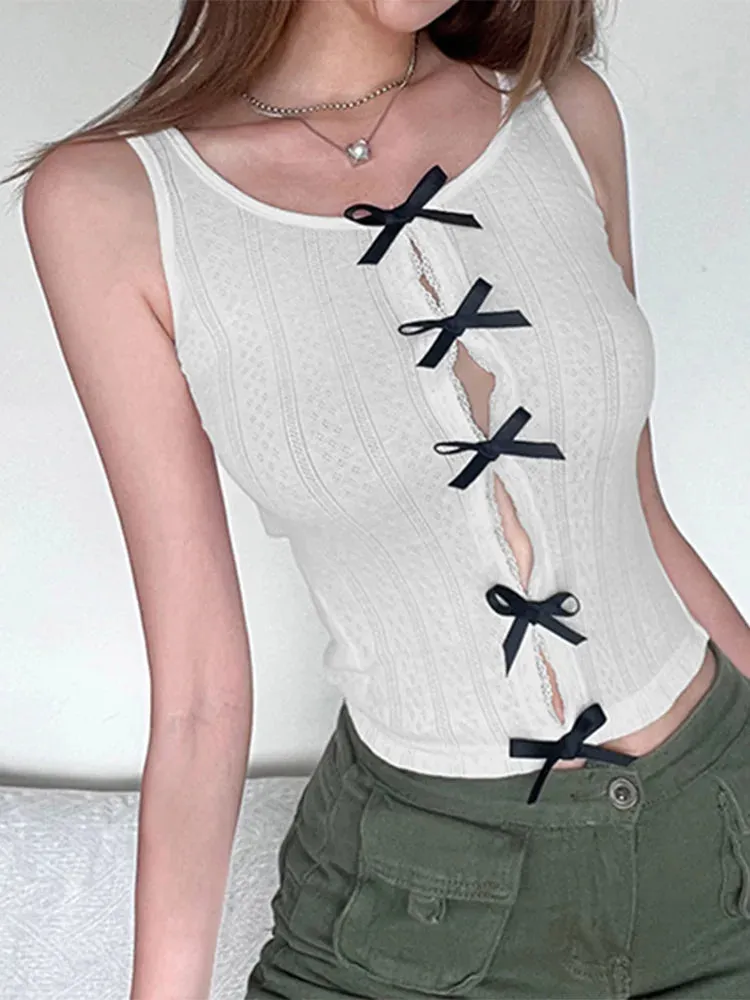 White Lace Spliced Sleeveless Crop Top with Bow Detail