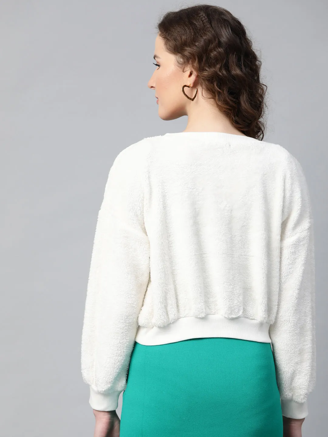 White V-Neck Faux Fur Crop Sweatshirt