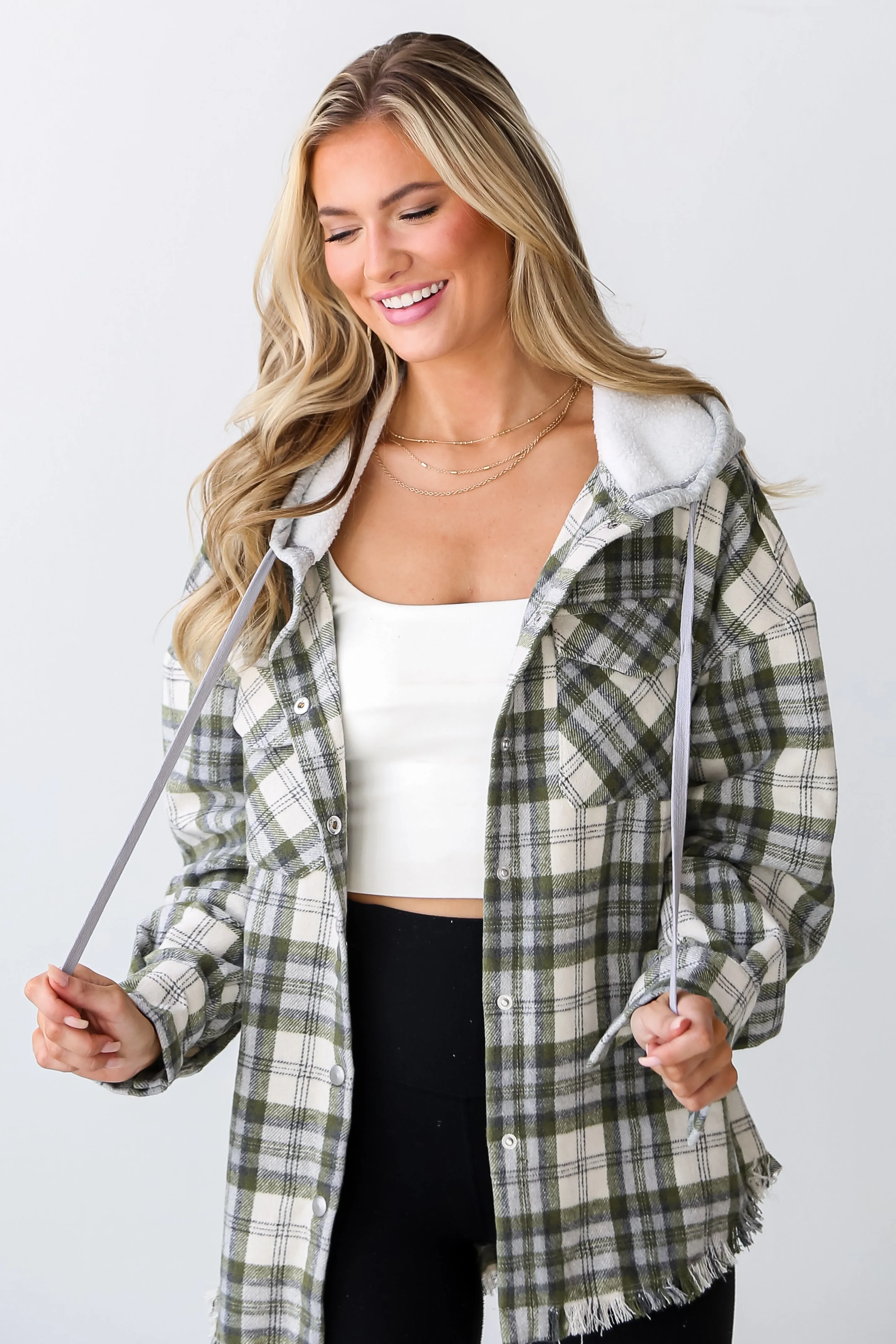 Wintery Behavior Olive Plaid Hooded Shacket