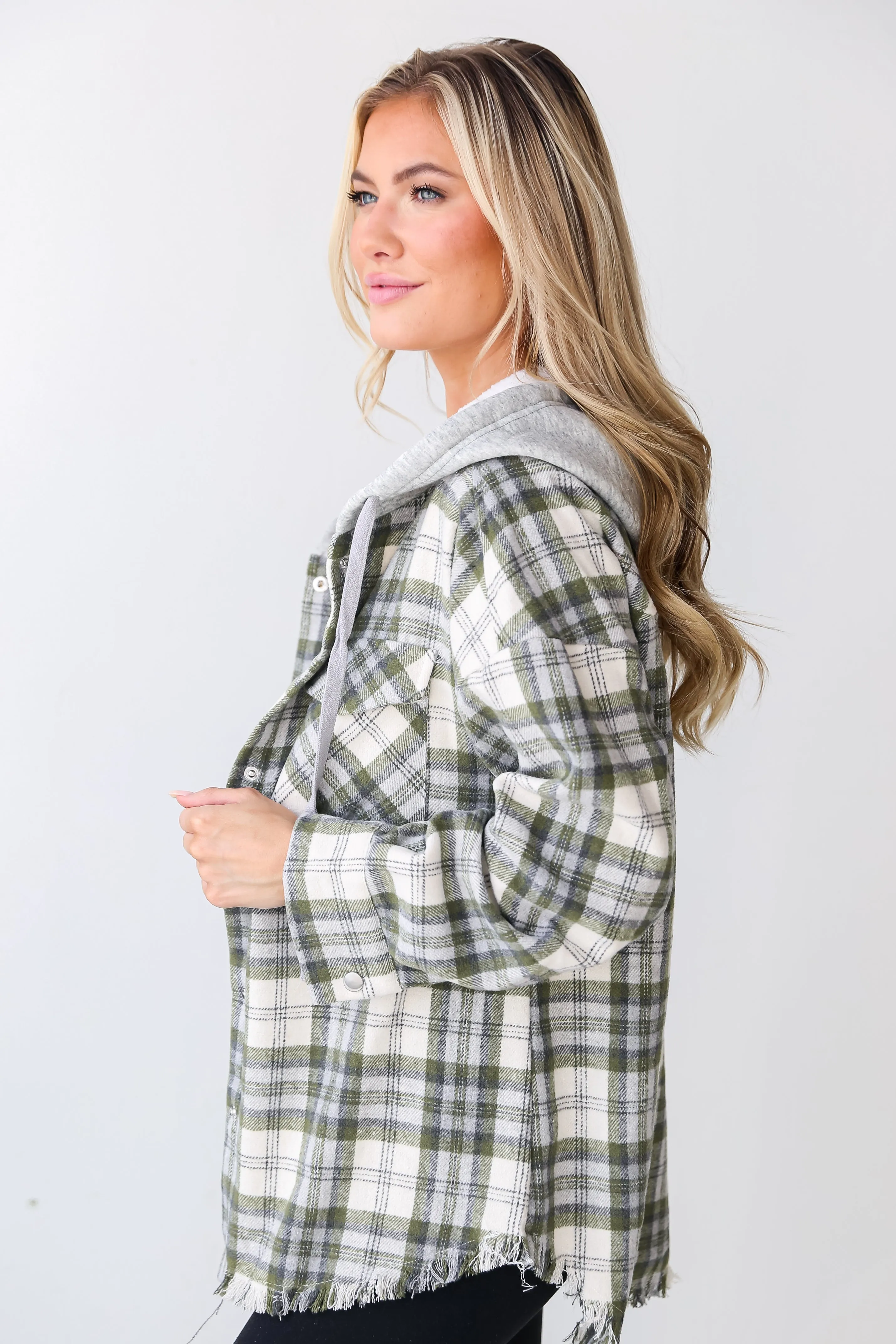 Wintery Behavior Olive Plaid Hooded Shacket