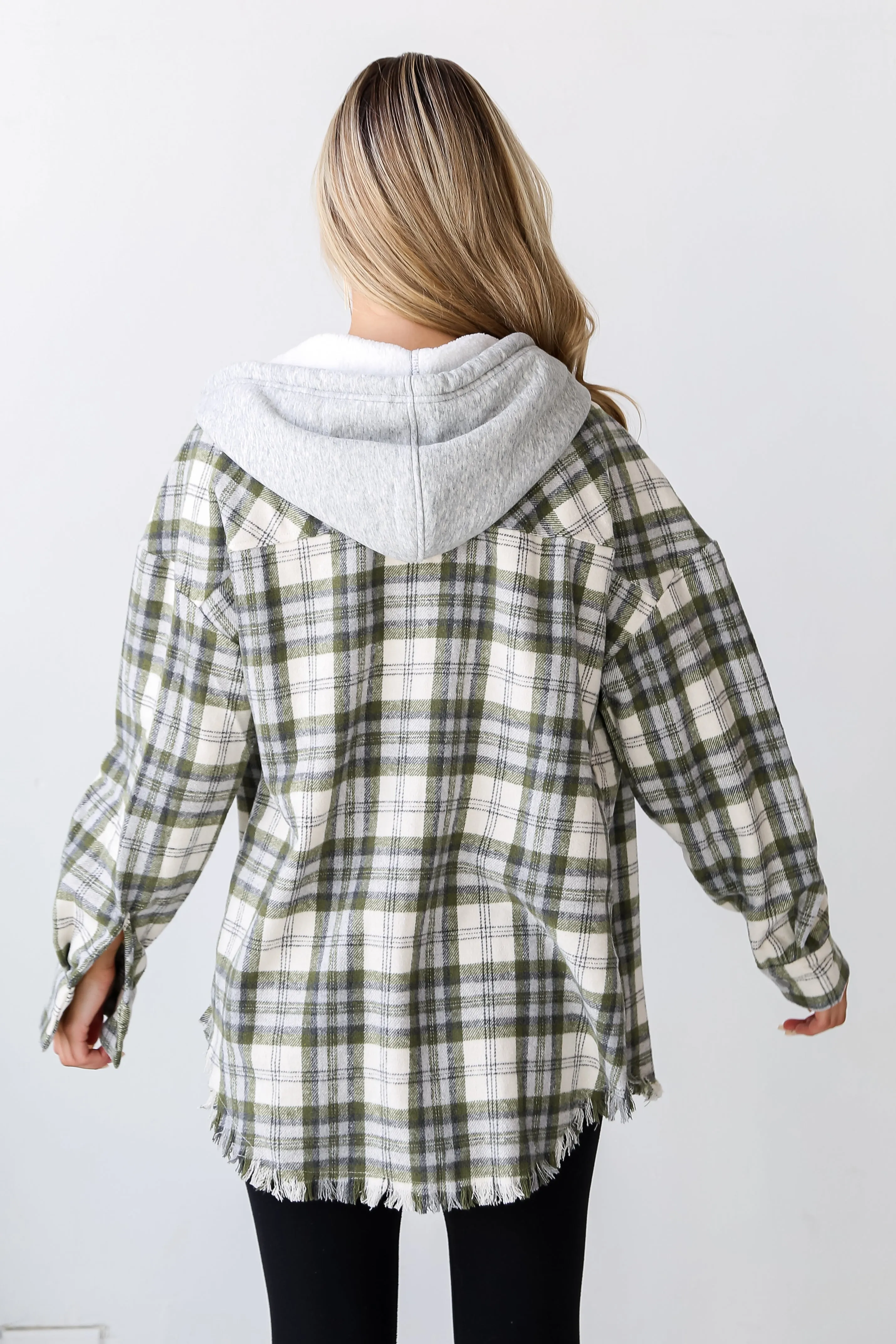 Wintery Behavior Olive Plaid Hooded Shacket