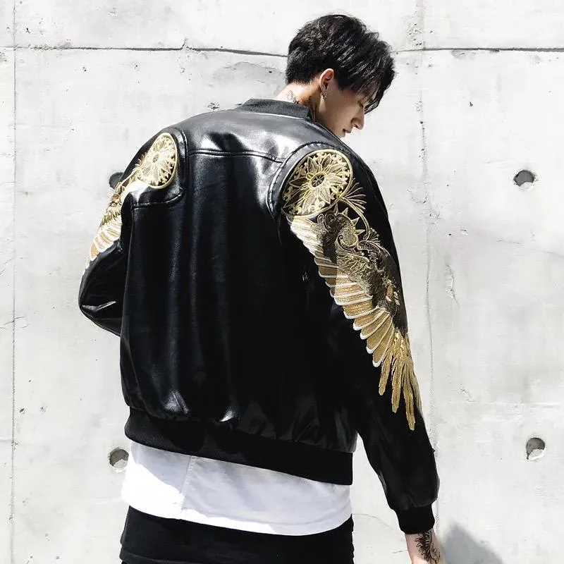 WLS Embroidered Golden Wings Leather Jacket