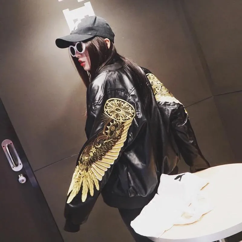 WLS Embroidered Golden Wings Leather Jacket