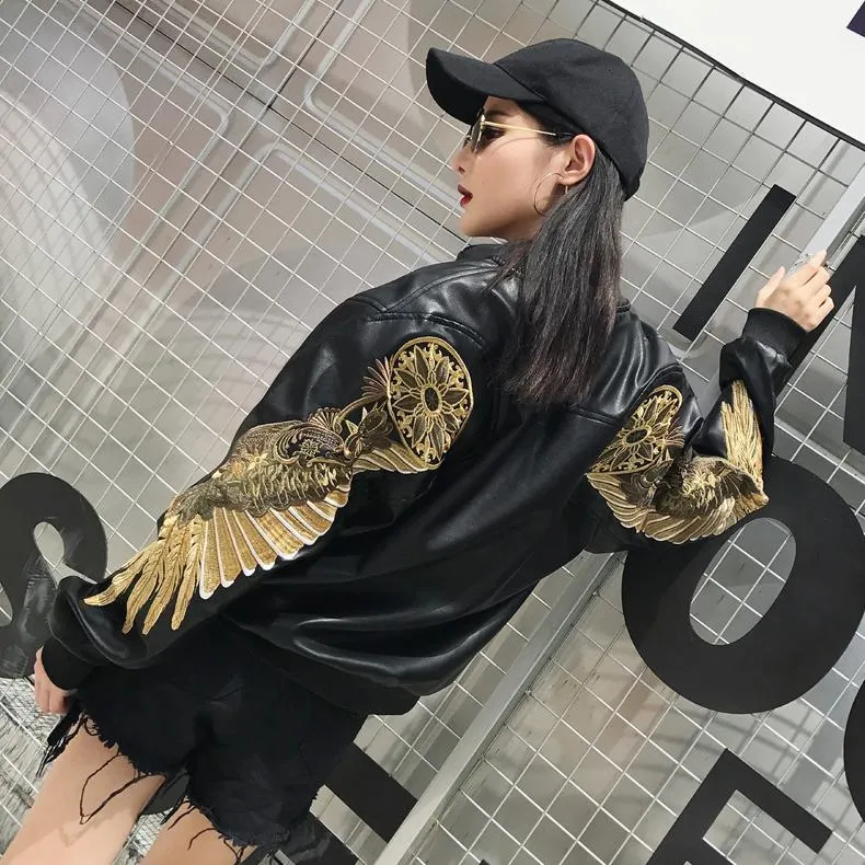 WLS Embroidered Golden Wings Leather Jacket