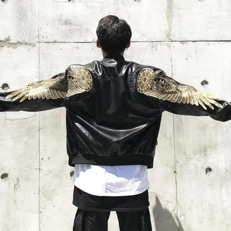 WLS Embroidered Golden Wings Leather Jacket