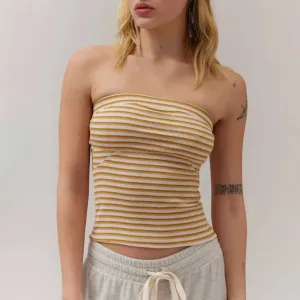 Women Knitted Ribbed Tube Solid Color Stripe Print Summer Bandeau Backless Streetwear Tank Y2k Top