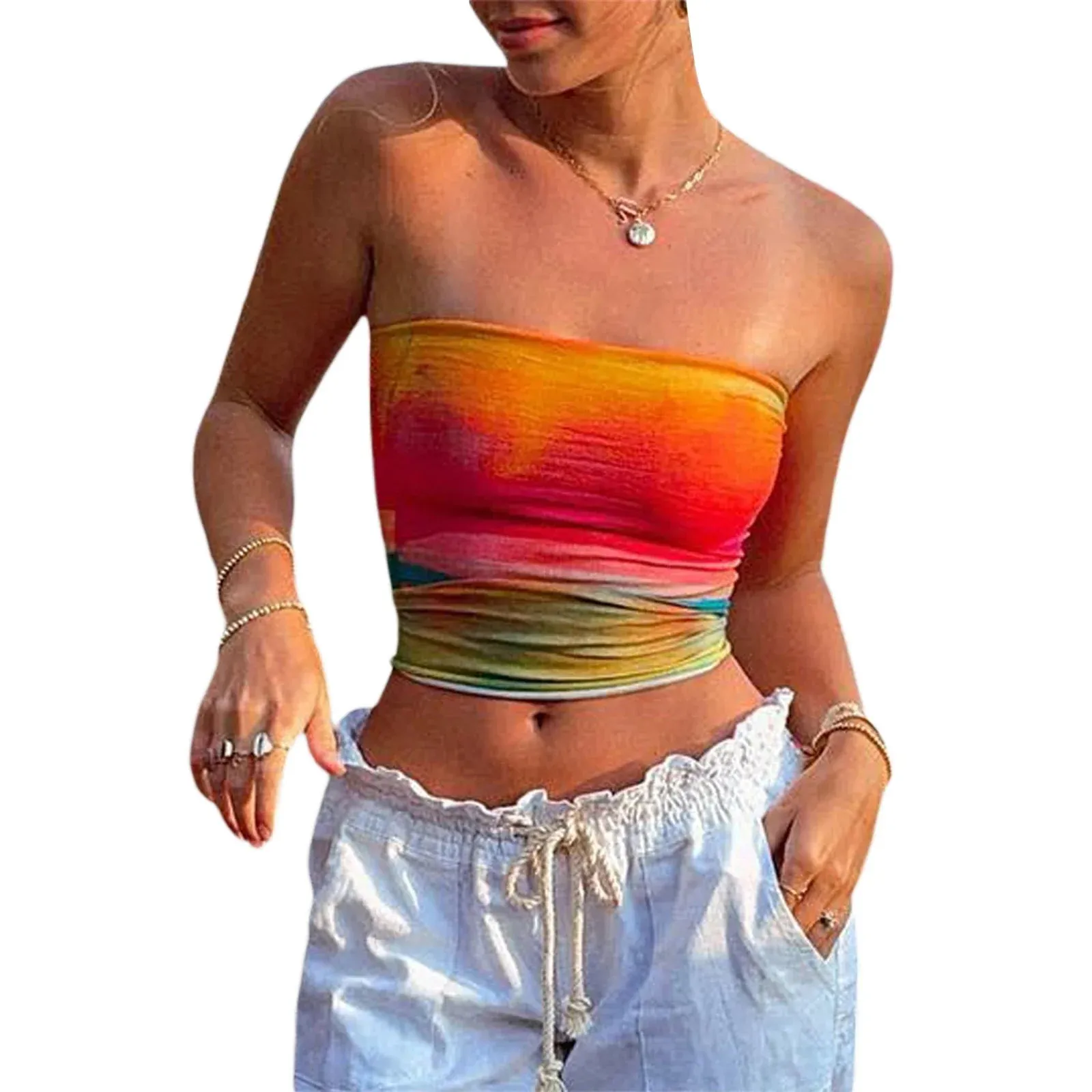 Women Strapless Tube Sleeveless Backless Vintage Print Summer Going Out Streetwear Tank Y2k Top