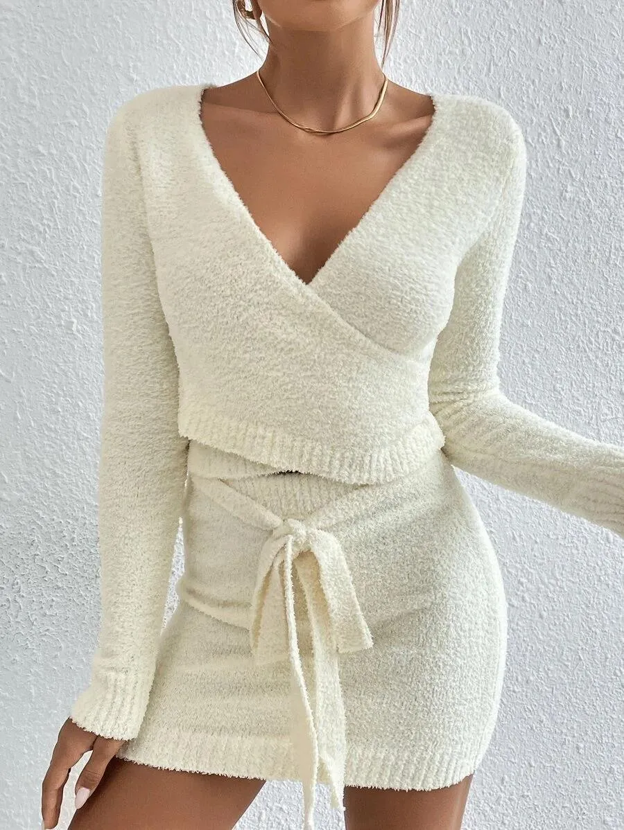 Women Wear Suit Knitted Solid Color Top Sweater Dress Two Piece Set for Women