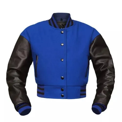 Women's Blue Wool & Black Leather Cropped Baseball Biker Moto Varsity Jacket