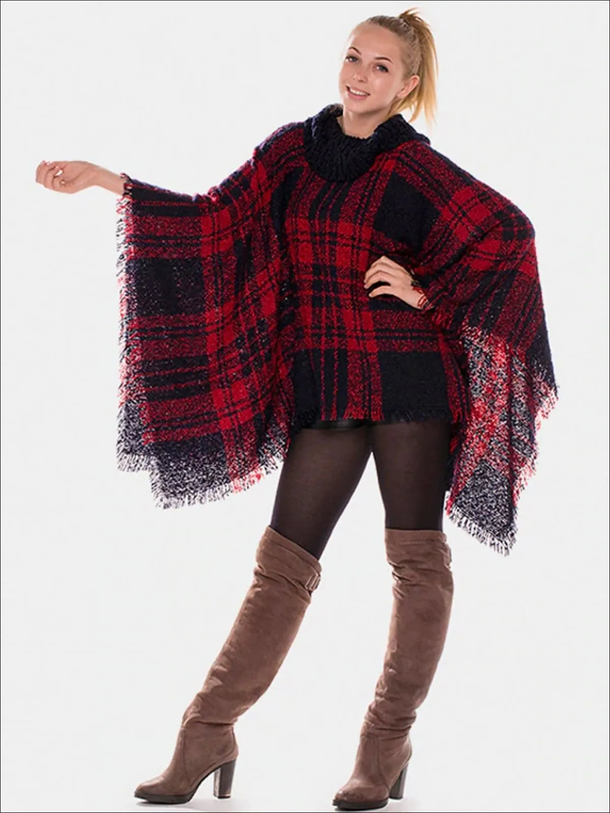 Women's Fall Casual Plaid Turtleneck Poncho